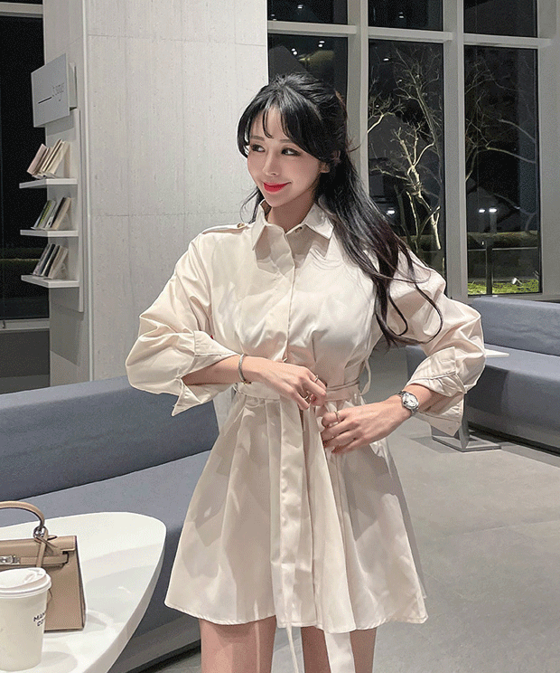 [💛Only Love Mousse/High-end ෆ] French Belt Shirt Dress, ops